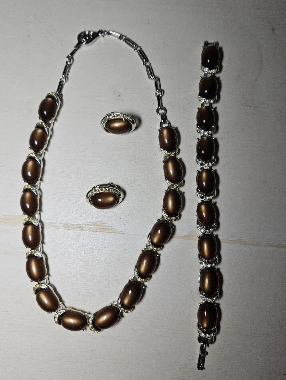 Vintage Signed CORO Sterling Silver 3-Pc Parure Set Brown Moonstone Rhinestone